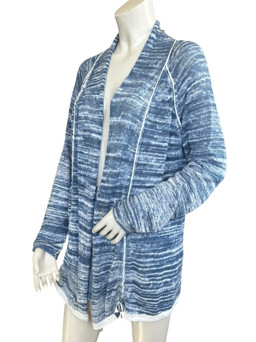 Nic + Zoe Blue and White Ruched Side Linen Blend Airy Open Cardigan Size Large - Picture 8 of 10